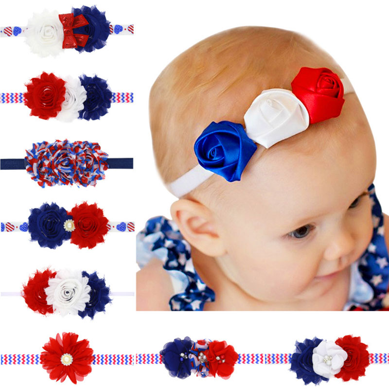 

4th of July Independence Day Headband Flower American Flag Hair Bands Kids Chiffon Frilly USA National Flag Hair Accessories Wholesale, Mixed