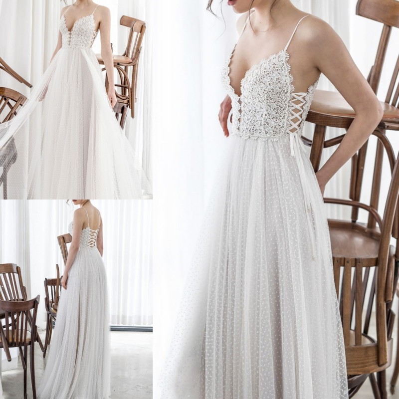 

Asaf Dadush 2018 Beach Tulle Wedding Dresses Sexy Lace-up Back Appliqued Boho Bridal Gowns A Line Wedding Dress, White
