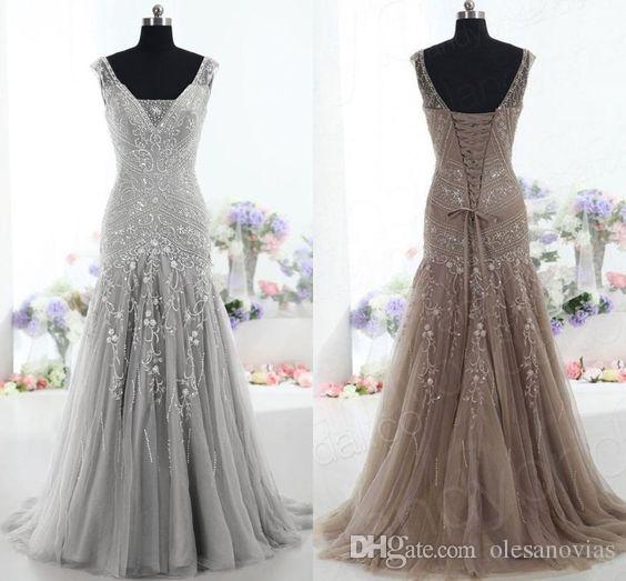 

2019 High Quality Brown Evening Dress Drop Waist V Neck Mermaid Court Train Beading Sequins prom dresses Tulle Mother of the Bride Dress, Pink