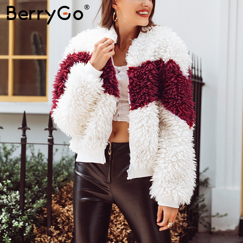 

BerryGo Streetwear faux fur women coat plus size Red splice thick warm female winter coat 2018 Autumn casual zipper overcoat, Red white