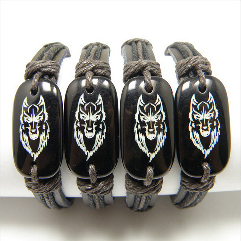 

Jewelry Wholesale 12pcs Imitatation Yak bone Resin Carved Totem Wolf Head Leather Bracelet bangles Amulet Gift MB03, Black