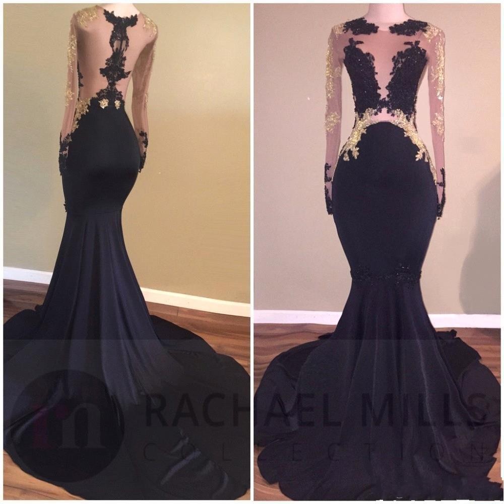 

2018 Sexy African Cheap Black Prom Dresses See Though Cutaway Sides Mermaid Long Sleeves Sheer Back Gold Lace Appliques Party Evening Gowns, Orange