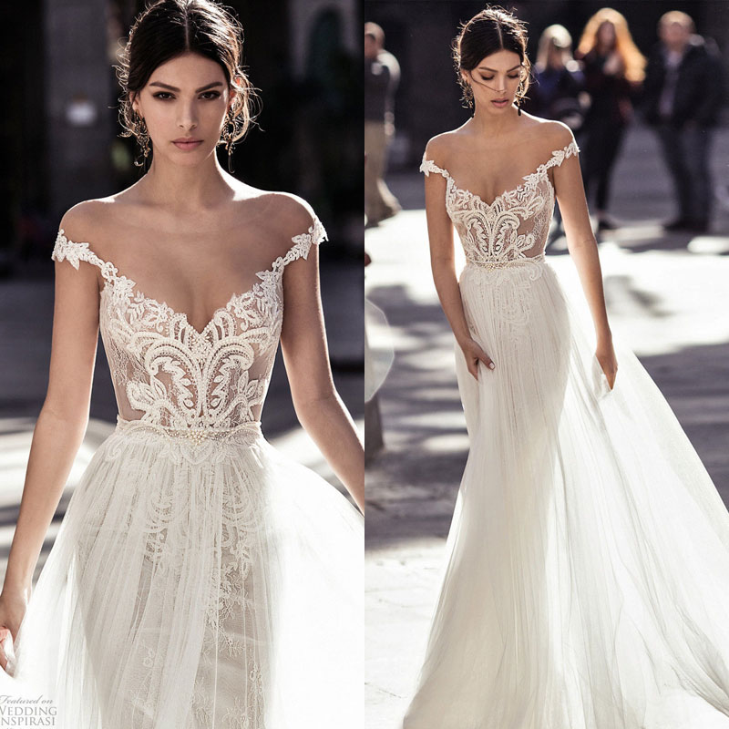 

Gali Karten 2018 Sexy Beach Wedding Dresses Sheer Neck Off The Shoulder Lace Appliqued Tulle A Line Beads Bridal Gowns, Custom made from color chart