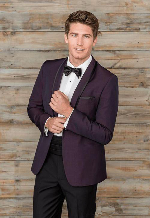 

High Quality Purple Men Suits For Wedding Slim Fit One Button Groomsmen Tuxedos Two Pieces Handsome Wedding Suit (Jacket+Pants+Tie), Burgundy