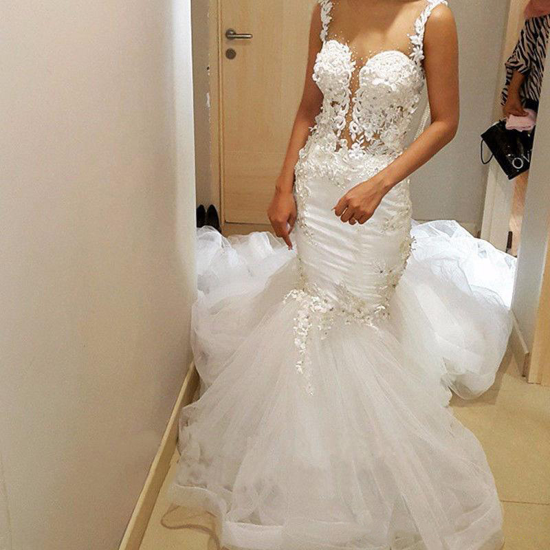 

2018 Vintage Beads Sash Lace Wedding Dresses Sheer Plus Size Illusion Tulle Train vestido de noiva Bridal Gown Ball For Bride, White