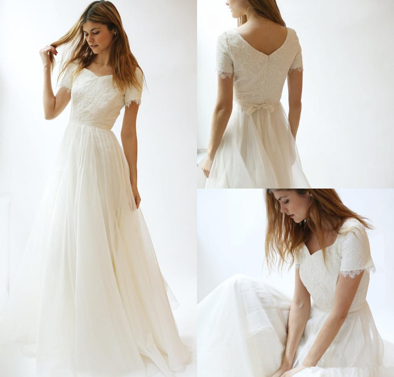 Boho Tulle Wedding Dresses 2019 New Simple Style Matched Sash A-Line V-Neck Short Sleeve Lace Beach Bridal Gowns Vestidos De Noiva W686