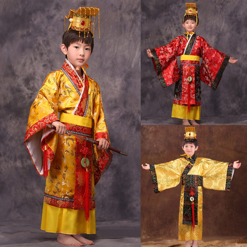 

child chinese traditional hanfu dress men boys emperor king Stage red Clothing children costumes tang suit kids robe+hat sets