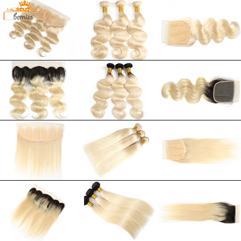 

Bemiss Hair® Brazilian Body Wave 613 Blonde Human Hair Bundles with Closure Unprocessed Virgin Hair Straight 1b 613 Bundles with Frontal