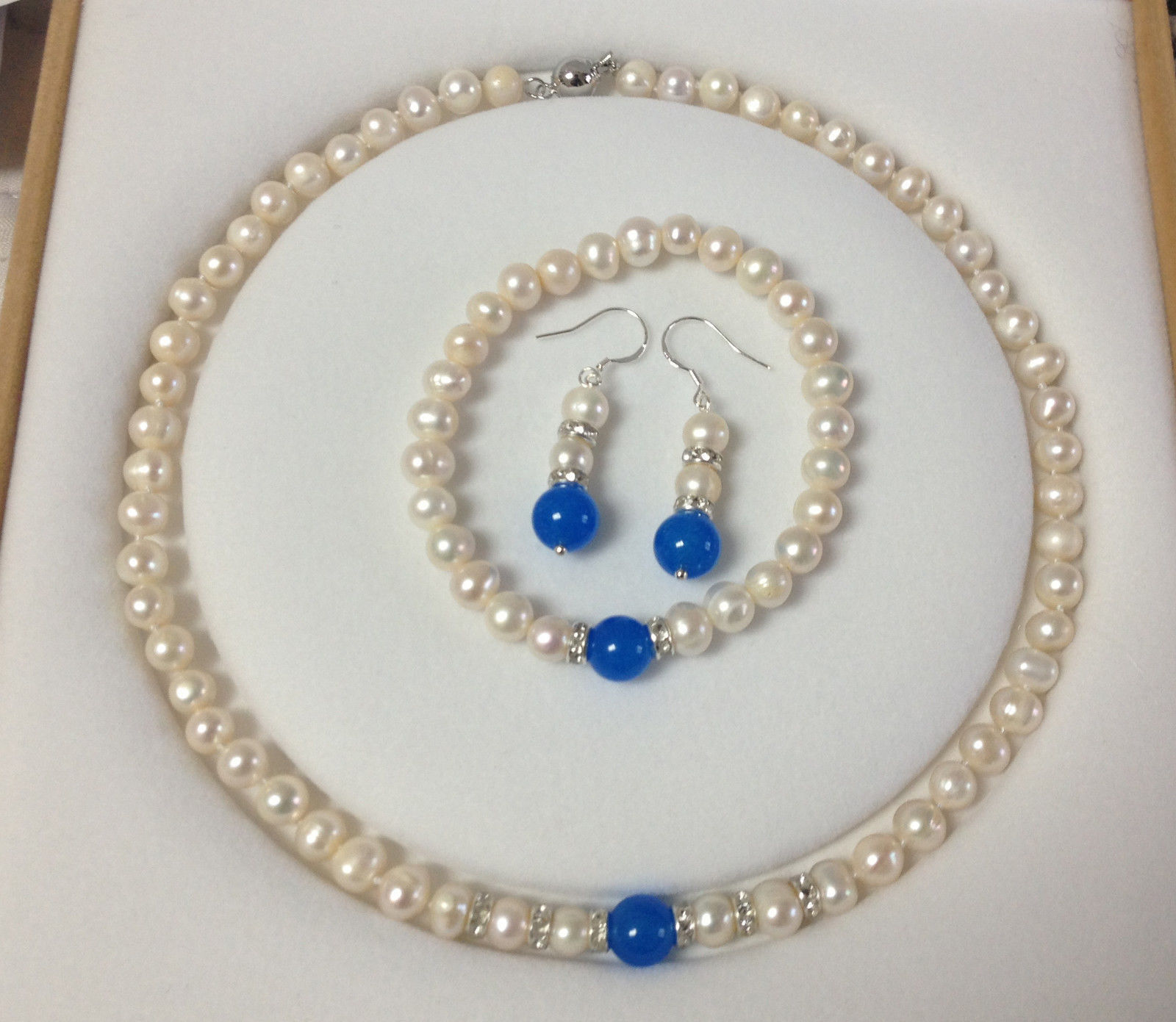 

8-9MM White Akoya Cultured Pearl/Blue Jade bracelets necklace earrings set Nobox<<<free shipping, Ivory