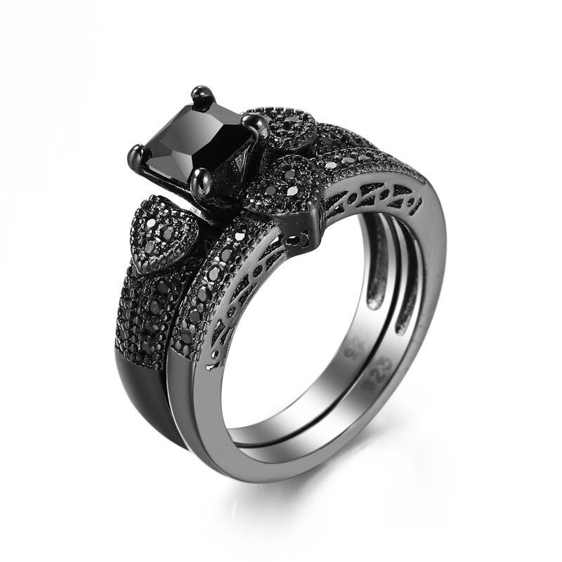 MGFam (246R) Double Black Rings Jewelry For Personal Style Women Bar Queen Gold Plated Square and Heart Cubic Zircon