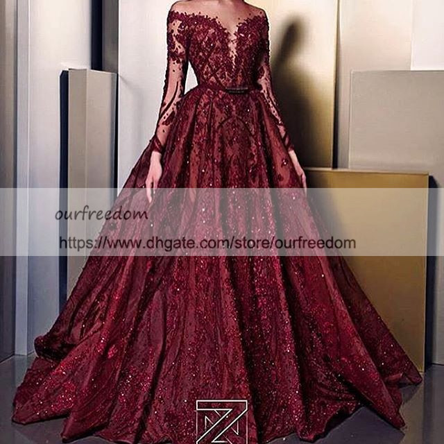 

Ziad Nakad 2019 Sheer Jewel Neck Evening Dresses With Long Sleeve Illusion Bodice Lace Appliques Occasion Dresses Girls Pageant Gown, Water melon