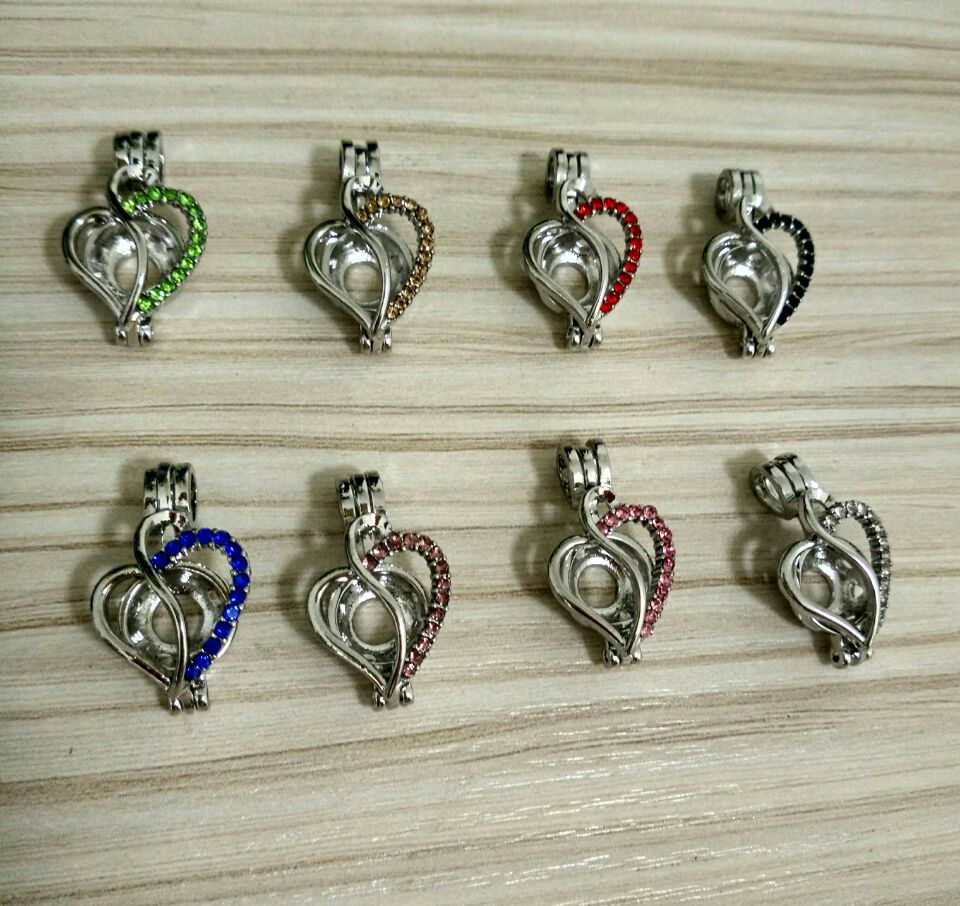 

Beautiful Colorful Heart Silver Cage Pendant For Akoya Oyster Pearl Wish Gift Colored Rhinestone Cage Pendants 8 Styles CM015