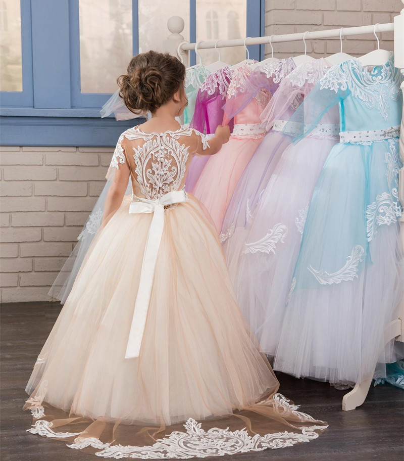 

New Arrival Champagne Ball Gown Tulle Flower Girl Dresses For Wedding Champagne Bead Pageant Dress Girls Hand Made Flowers Communion Gowns, Gold
