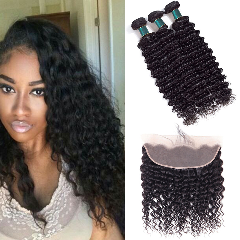 

Top Quality Deep Wave Bundles With Frontal Unprocessed Brazilian Remy Human Hair 3 Bundles With 13*4 Lace Frontal Natural Color 12-26 Inch