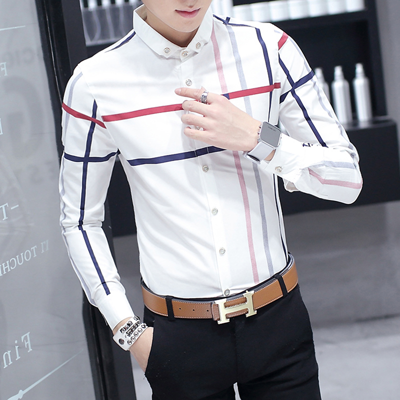 

New men's striped long-sleeved shirt Korean British youth business casual students Slim mixed-color shirt, Khaki