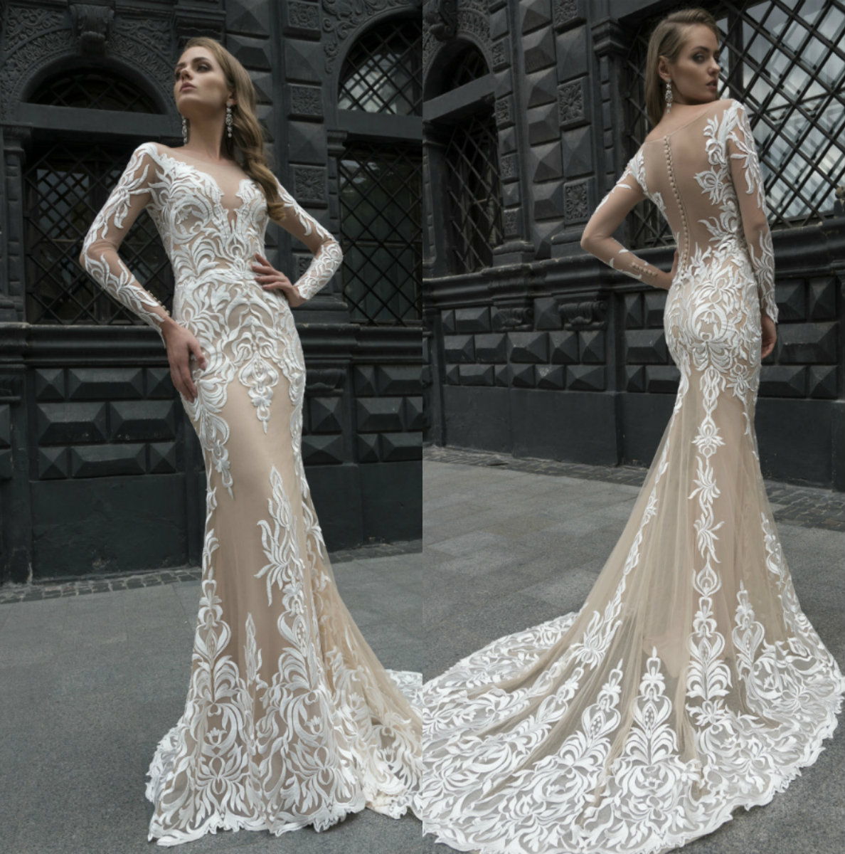 

DOMINISS 2019 Elegant Mermaid Lace Wedding Dresses Sheer Neck Long Sleeve Wedding Gowns Plus Size Illusion Beach robes de mariée, Custom made from color chart
