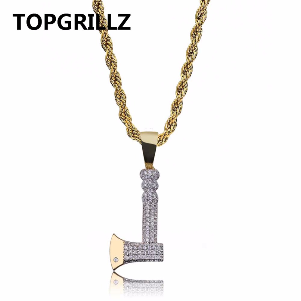 

TOPGRILLZ Hip Hop Jewelry Ax Necklace&Pendant Copper Gold Color Plated Iced Out Micro Pave Cubic Zircon Charm For Men Gifts, Silver