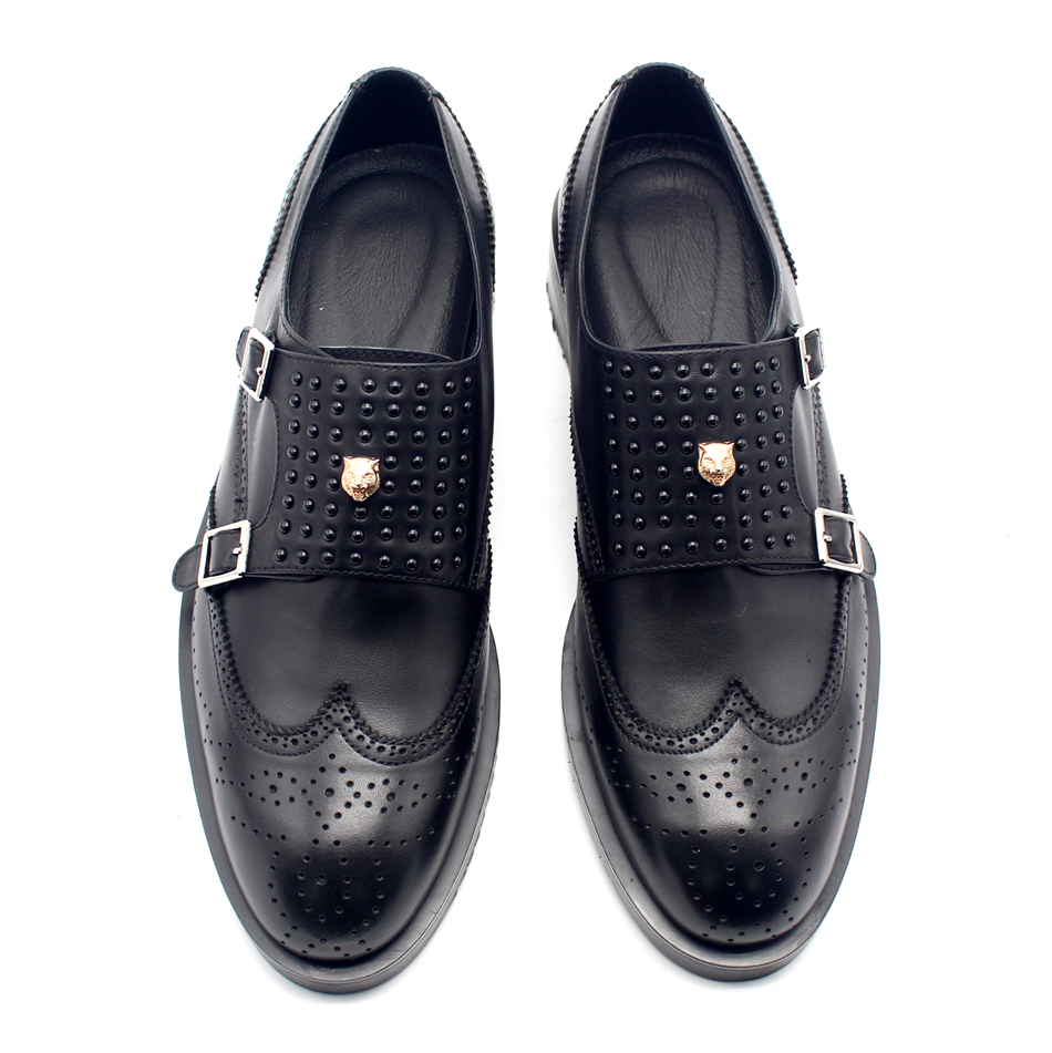 

Handmade Monk Strap Rivets Black Formal Suit Dress Shoes Male Oxfords Top Quality Cow leather Men Business Shoe