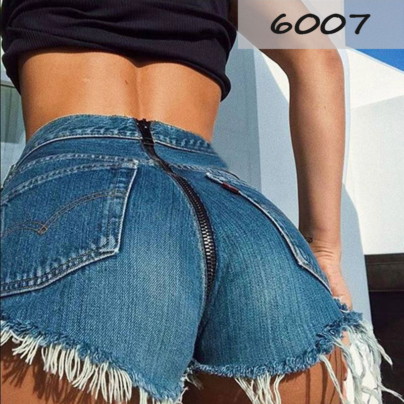 

2020 Women Short Jeans Sexy Zipper Hip Medium Waist Denim Short Pants Tassel Ripped Skinny Slim Pants Free Shipping, Y-6007 blue