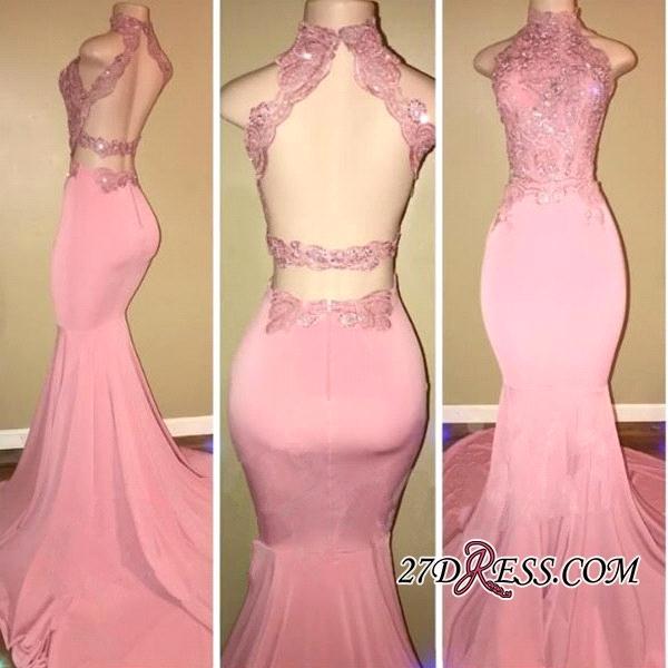 

New Pink Lace Mermaid Prom Dresses Sexy High Neck Hollow Back Sleeveless Appliques Evening Gowns Wear Party Gowns, Red