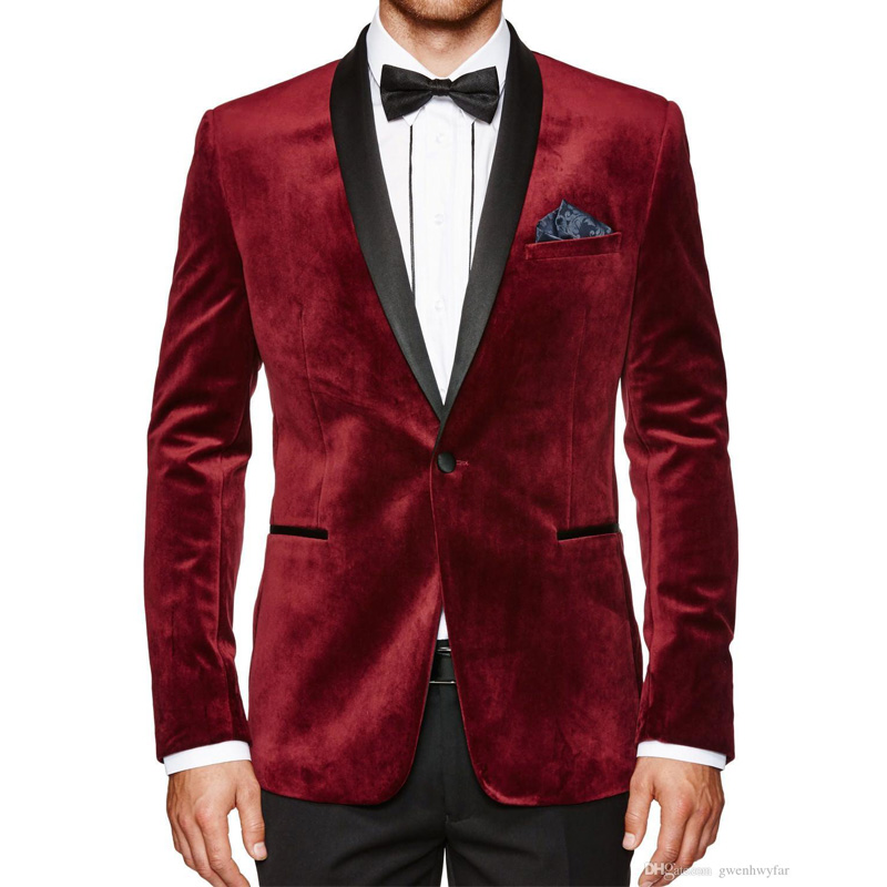 

Burgundy Velvet Men Suits for Evening Party New Coat Black Shawl Lapel Two Piece Wedding Tuxedos (Jacket + Pants), Custom made