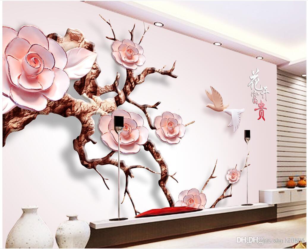 

3d wallpaper cloth custom photo Flowers Tree Birds 3D Embossed TV Background Wall 3d wall murals wallpaper for walls 3 d living room, Picture shows