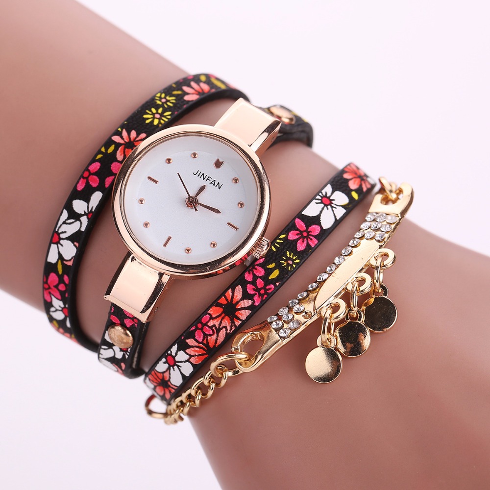 

Myelo New Printing Flower Rhinestone Charms Bracelets Leather Quartz Watches Bracelet Round Sequins Bracelets Bangles For Women