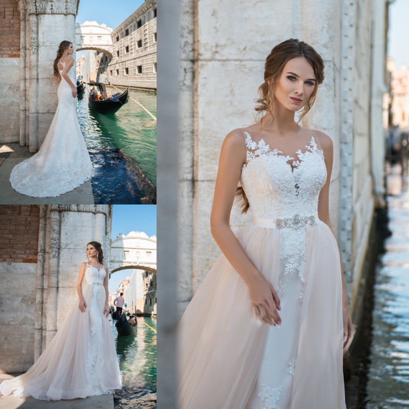 

Modest Mermaid Wedding Dresses With Blush Detachable Train Lace Appliqued Boho Bridal Gowns Sexy Sheer Neck vestido de novia, Same as image