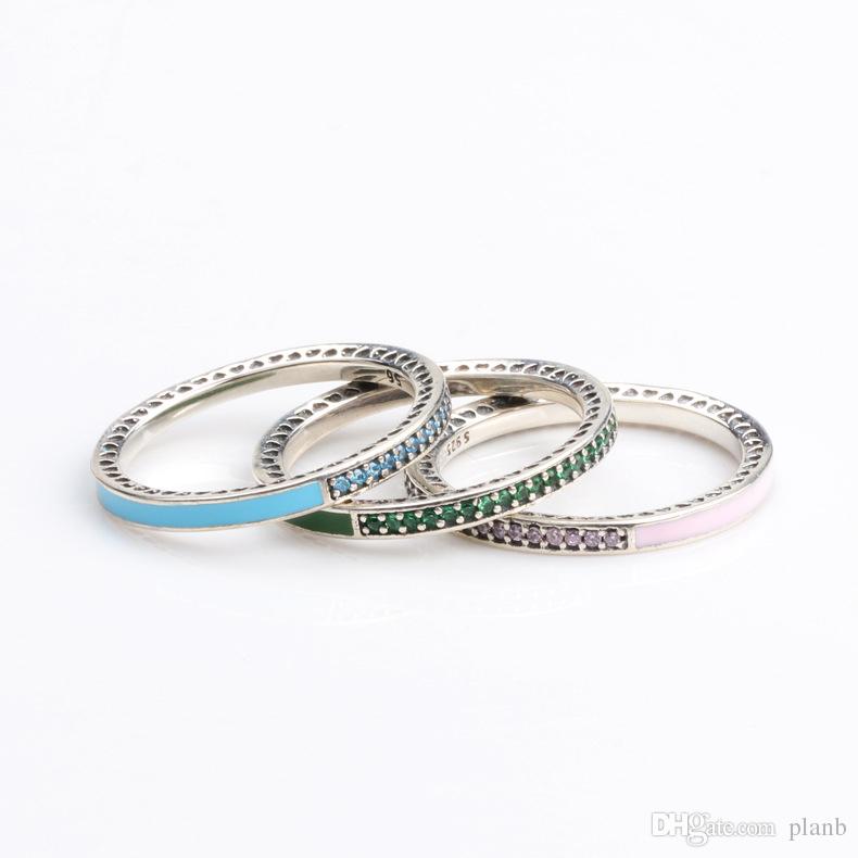 

925 Sterling Silver Ring fit Pandora Jewelry Radiant Heart AIR blue Pink Enamel Synthetic Spinel Women Ring Silver Jewelry