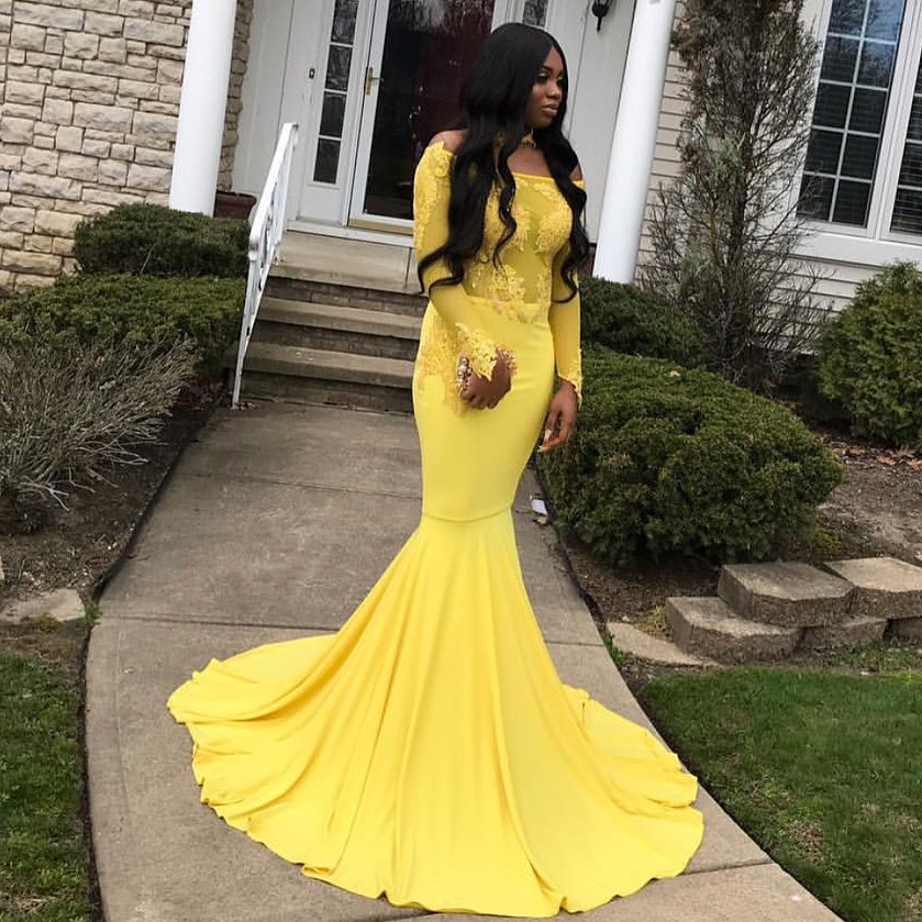 

Black Girl Mermaid Prom Dresses Yellow Off The Shoulder Long Sleeves Evening Gowns Vestidos De Fiesta Sweep Train Appliqued Formal Dress, Multi