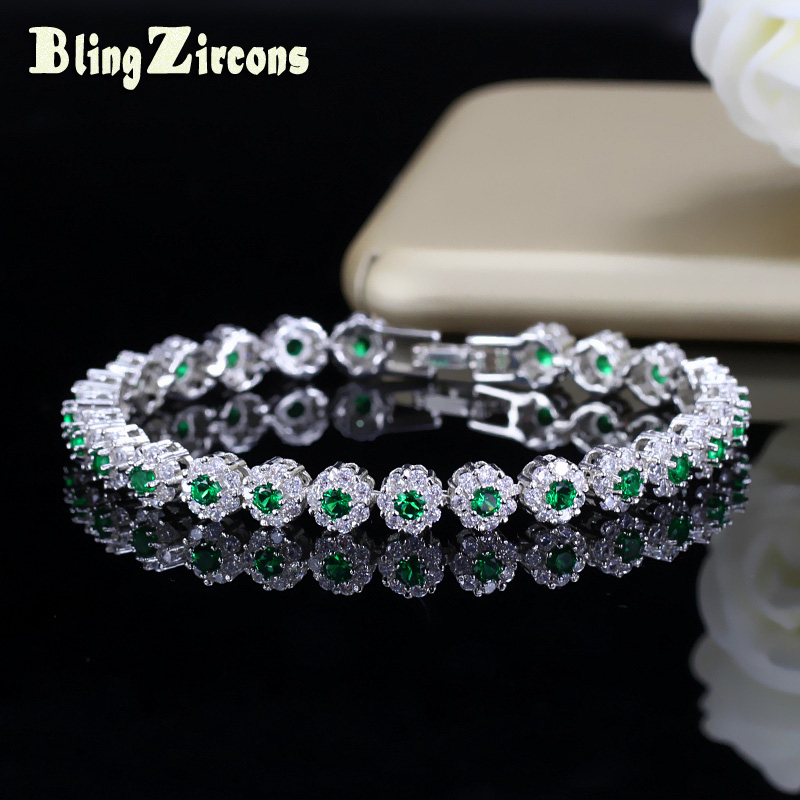 

BlingZircons Trendy Green And White Cubic Zirconia Stone Setting Ladies Tennis Bracelets Silver 925 Jewelry For Women B100
