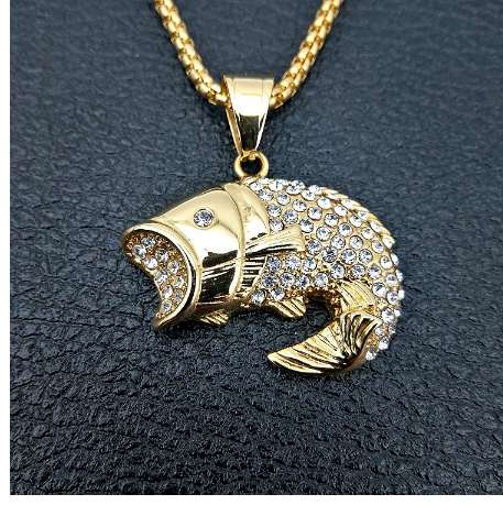 

Hip Hop Chain Men big Fish Bone Statement Pendant Necklaces with zircon Gold Color Stainless Steel Fishing Hippie Kpop