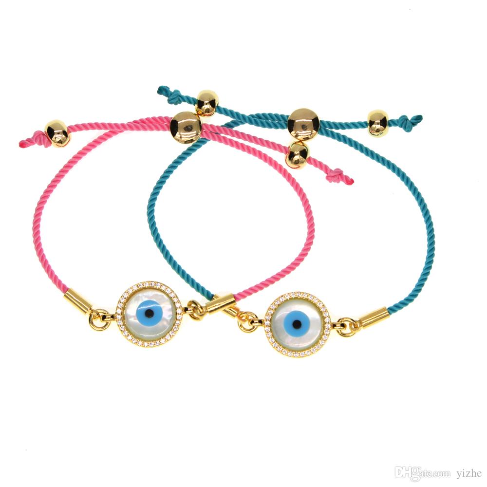 

2017 fashion jewelry pink blue rope string gold plated mother of pearl evil eye handmade women girl fashion adjust jewelry bracelet