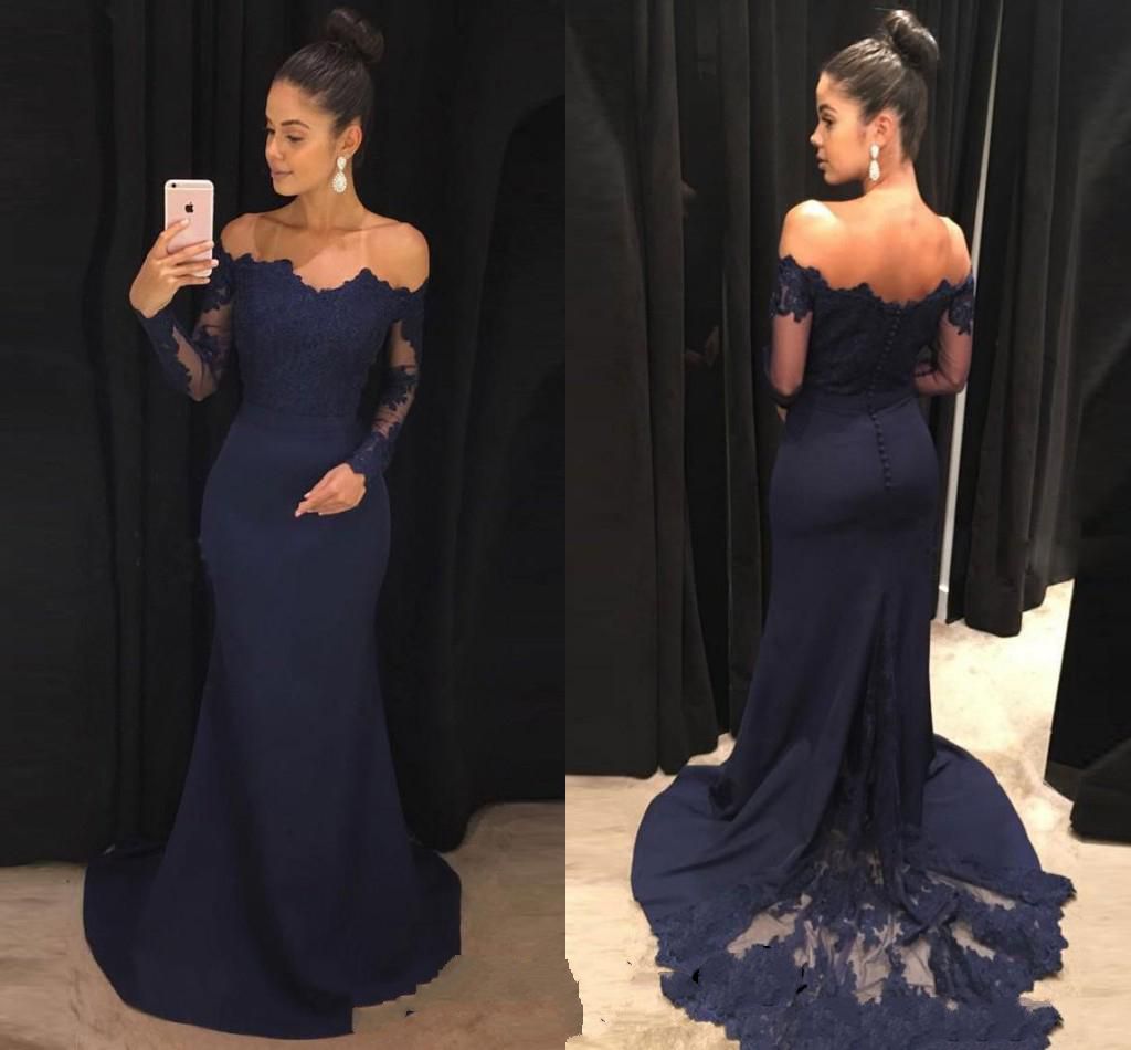 Elegant Off The Shoulder Navy Blue Mermaid Prom Dresses Long Sleeve Lace Chiffon Evening Dresses Charming Prom Dress Formal Gowns