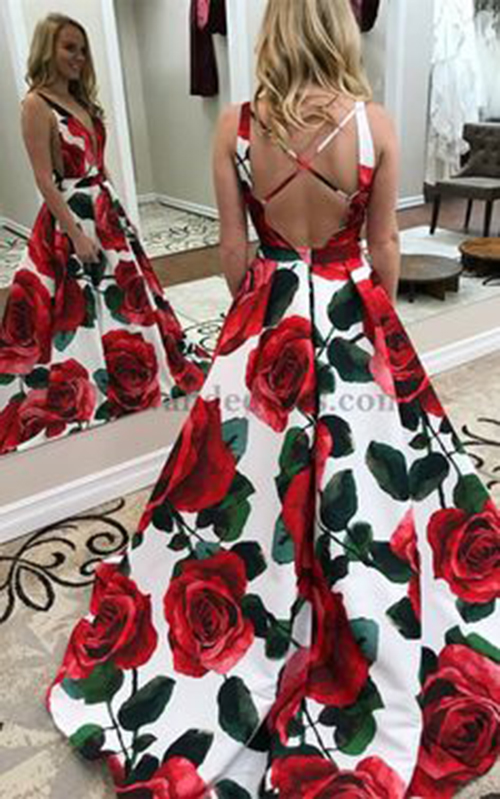 

2018 new style flower printing prom dresses A-line deep V-neck prom gowns train Sexy Backless Formal evening dresses long for women, Pink