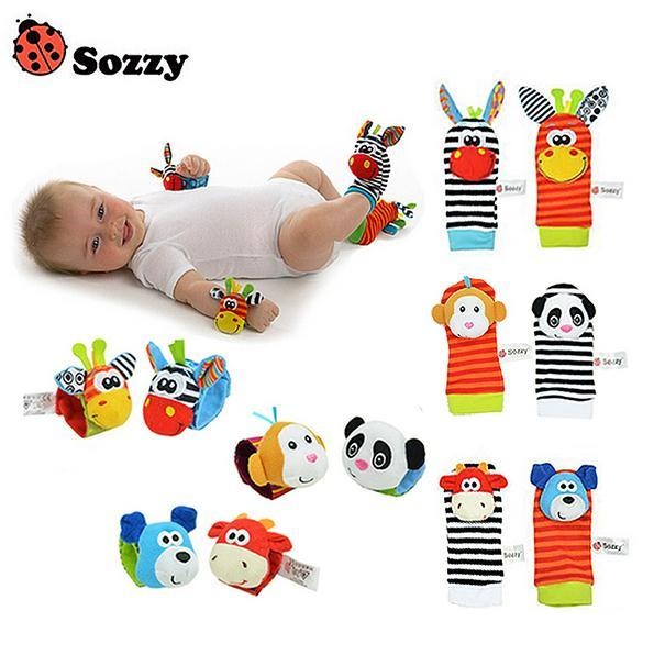 

Sozzy 4pcs Soft Baby Toy Wrist Strap Socks Cute Cartoon Garden Bug Plush Rattle with Ring Bell b942, As pic