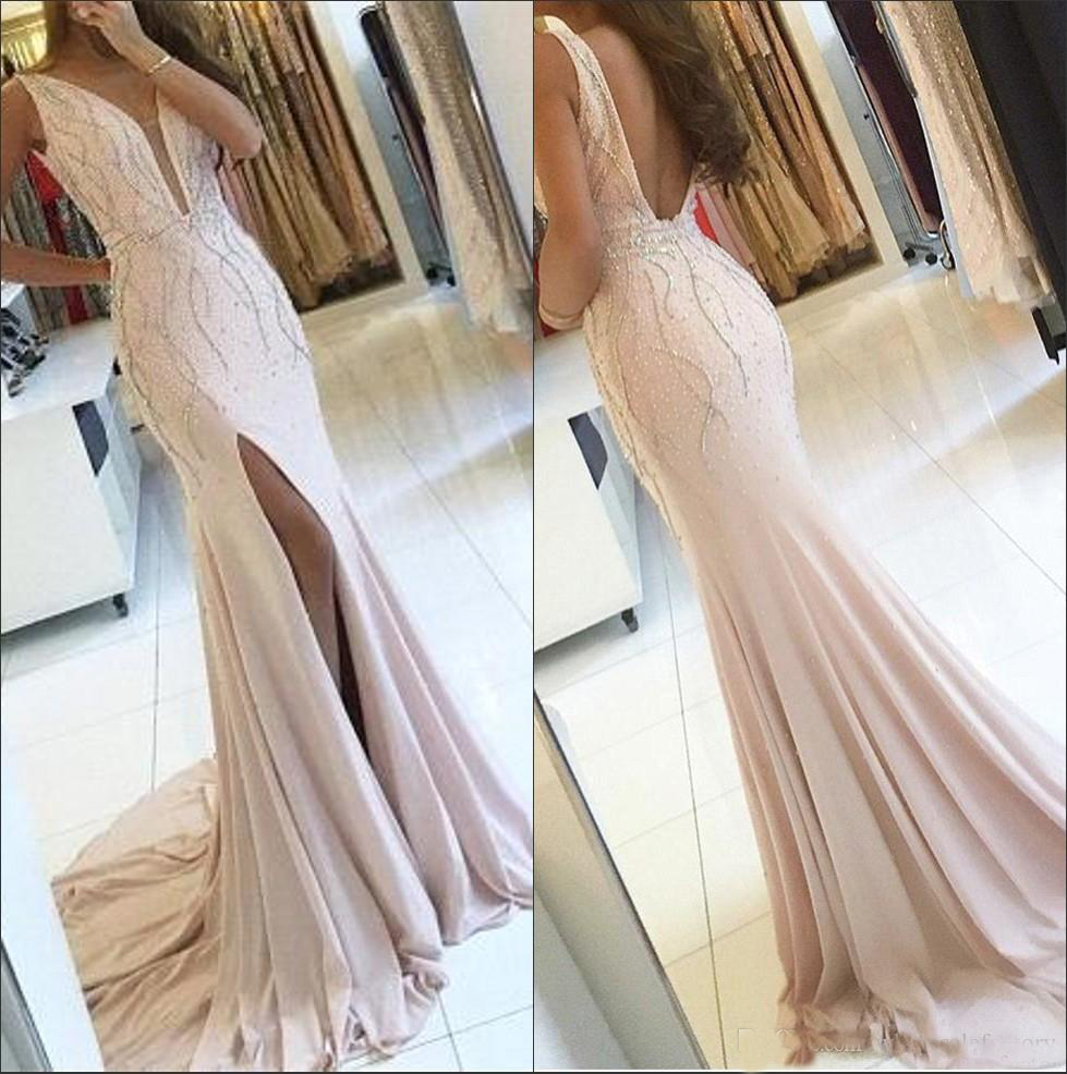 

2018 V Neck Tulle Mermaid Prom Dresses Crystals Beaded Split Formal Evening Party Gowns Dresses Robe de soriee, Champagne