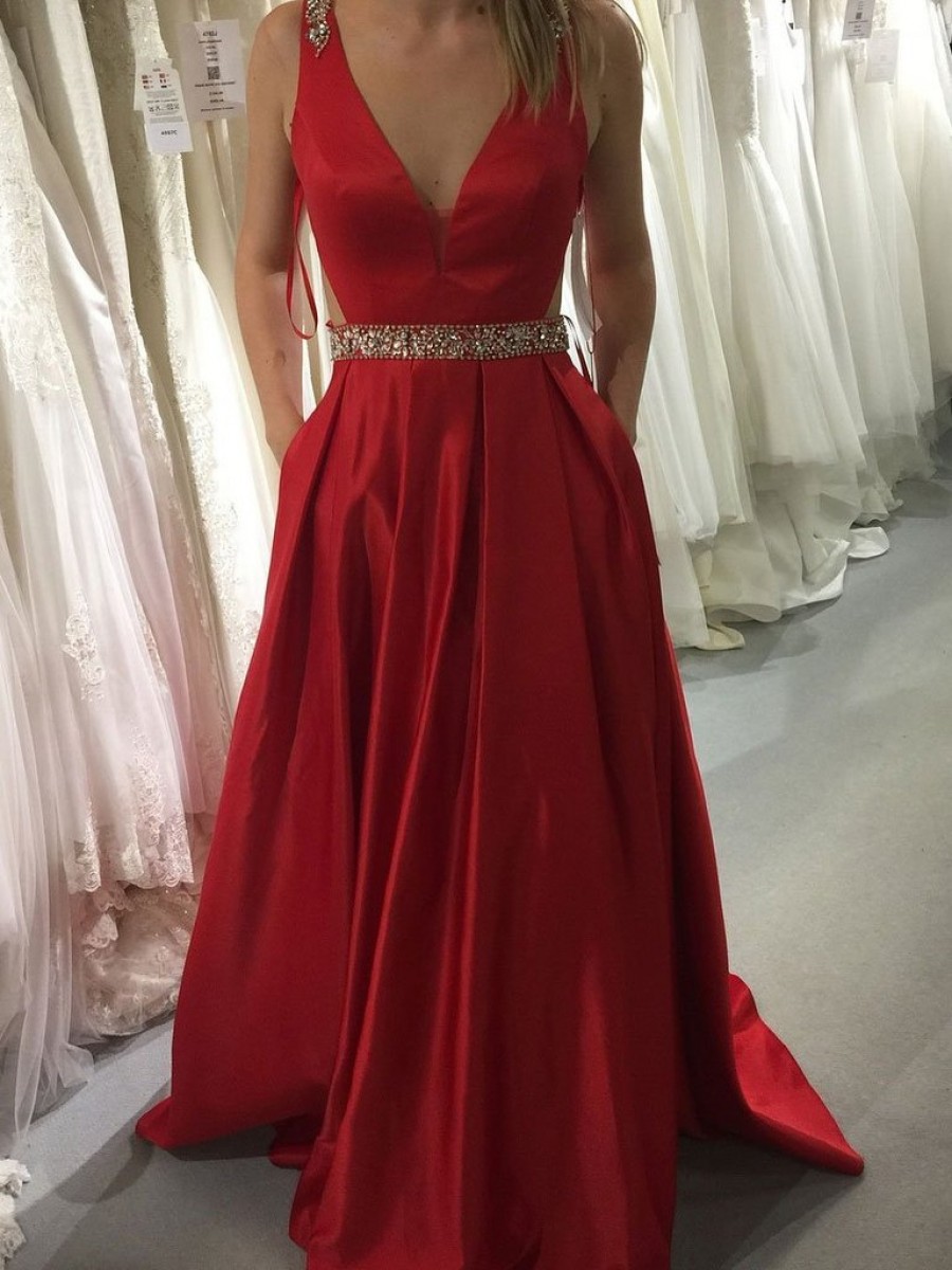 

Red Satin Tank A-Line Prom Dresses Long V Neck Beaded Sequins Sparkle Formal Dresses Backless Evening Dresses, Dark navy