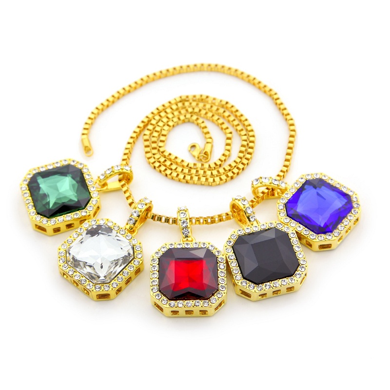 

Mens Square Ruby Pendant Necklace Gold Box Chain For Men Fashion Hip Hop Necklaces Jewelry