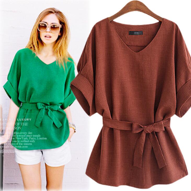 

Summer Women's Blouse V Neck Bat-wing Short Sleeve Tops Shirt Lady's Cotton Linen Shirt Loose Blouses 4 Colors C3380, Light gray