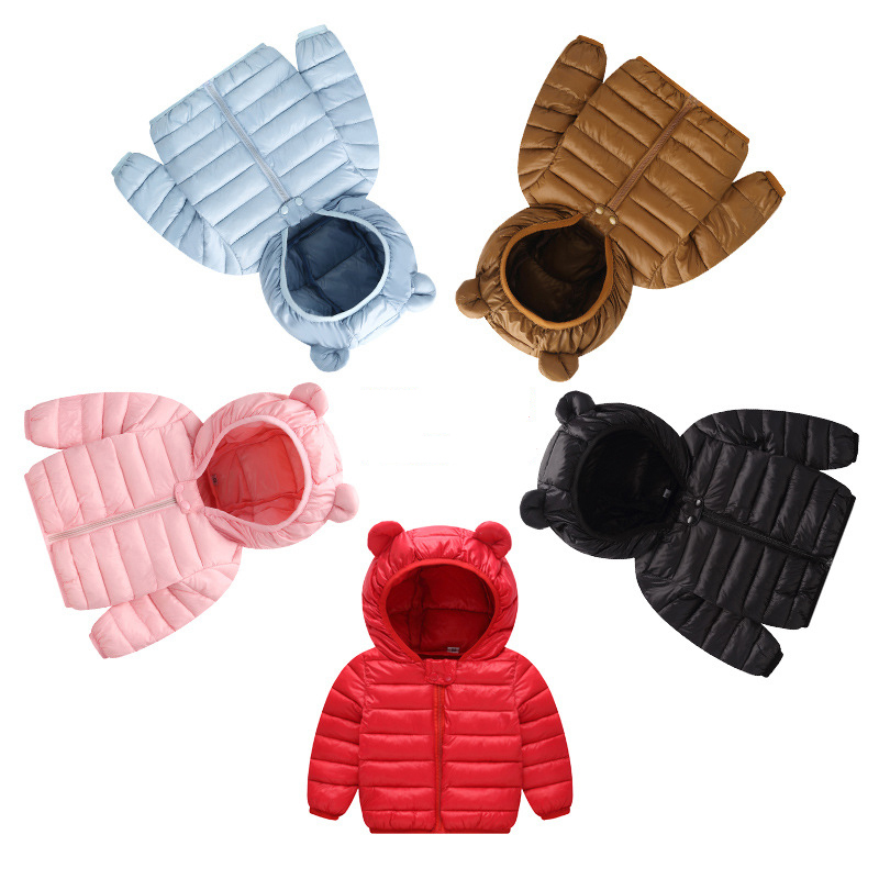 Winter Hooded Down Coats Kids Polyester Nylon Winter Filling White Duck Down Zipper Jackets Solid Elastic Sleeve Casual Warm Ears Clothes-image-431783200