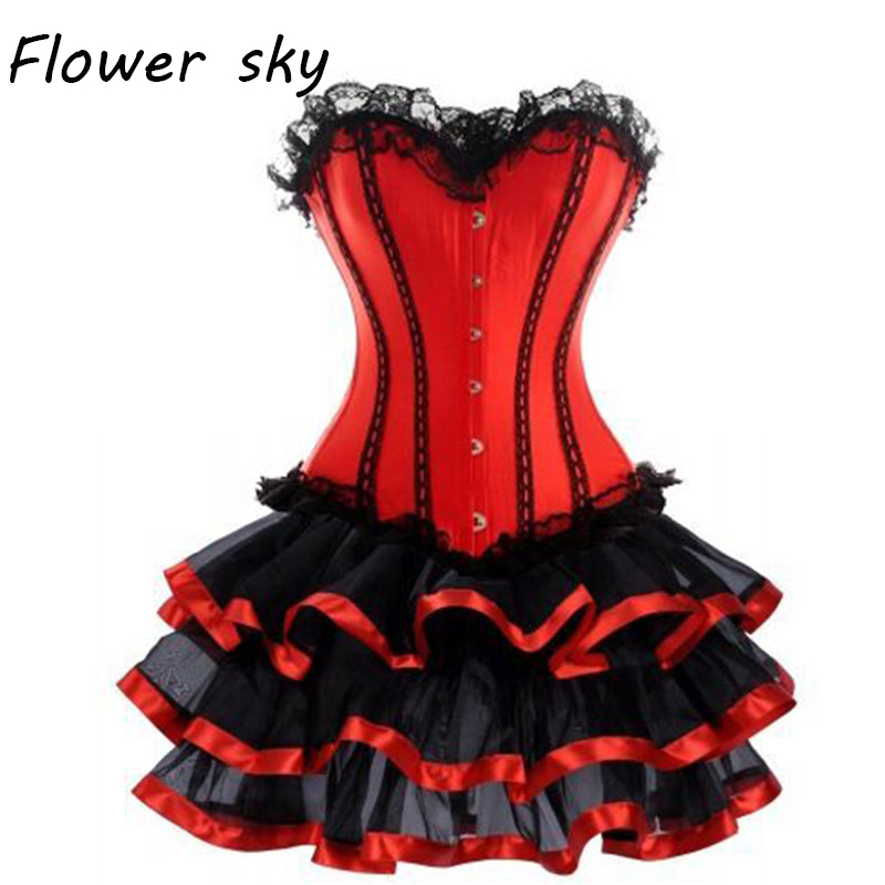

Corset + lace Skirt Sexy Women Corset and Bustier Burlesque Party dress Gothic Dress Sexy Lace Waist Trainer Red Set