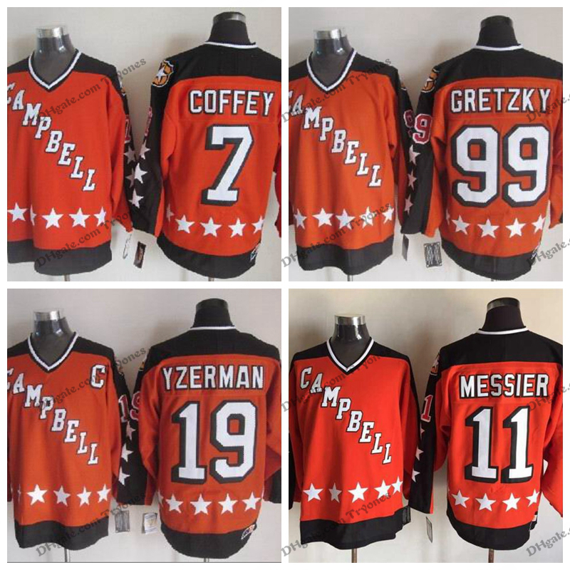 

1984 Campbell All Star Game 19 Steve Yzerman 11 Mark Messier 99 Wayne Gretzky 7 Paul Coffey Hockey Jerseys Orange Stitched Shirts, Orange 7