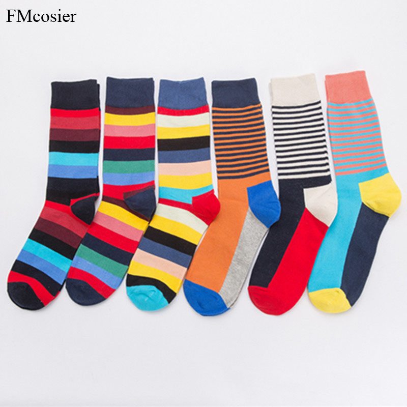 6 Pairs/lot Autumn Winter Comb Cotton Mens Bright Colorful Socks Male Man Long Crew Warm Funny Striped Socks Meias Weeding Gift