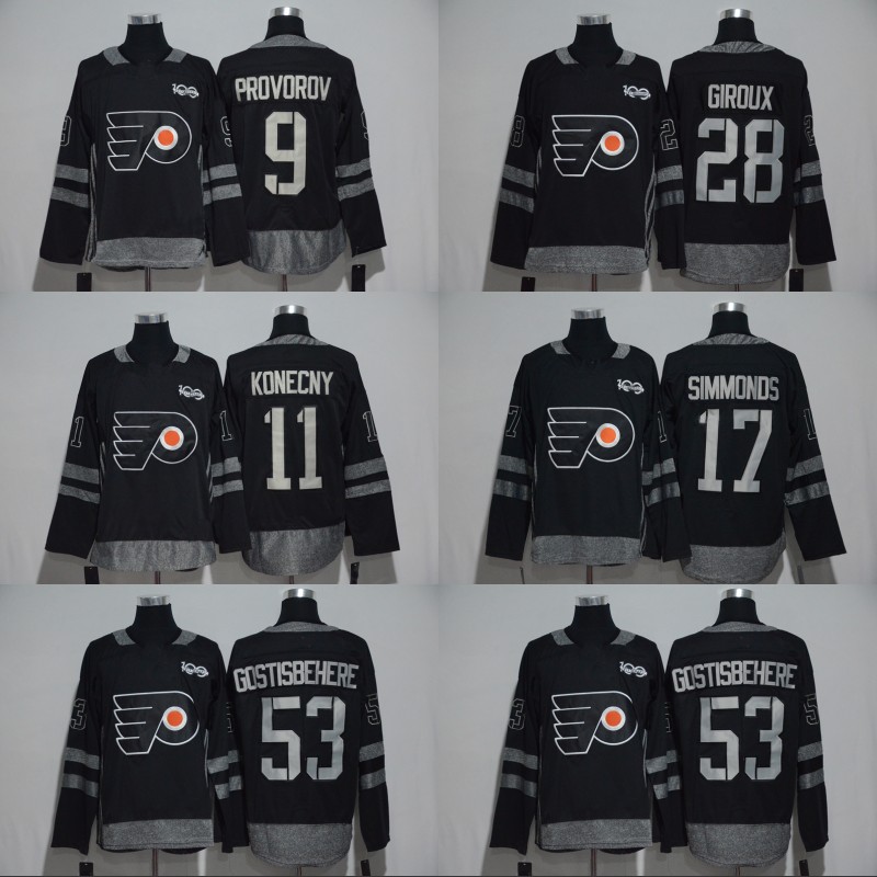 

100th 28 Claude Giroux Philadelphia Flyers Black 11 Travis Konecny 17 Wayne Simmonds 53 Shayne Gostisbehere 9 Ivan Provorov Hockey Jersey, #28