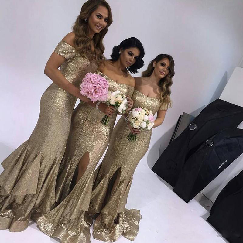 

2018 Beling Bling Split Gold Sequins Mermaid Bridesmaid Dresses Off Shoulder Floor Length Shinning Wedding Guest Gowns Plus Size Customized
