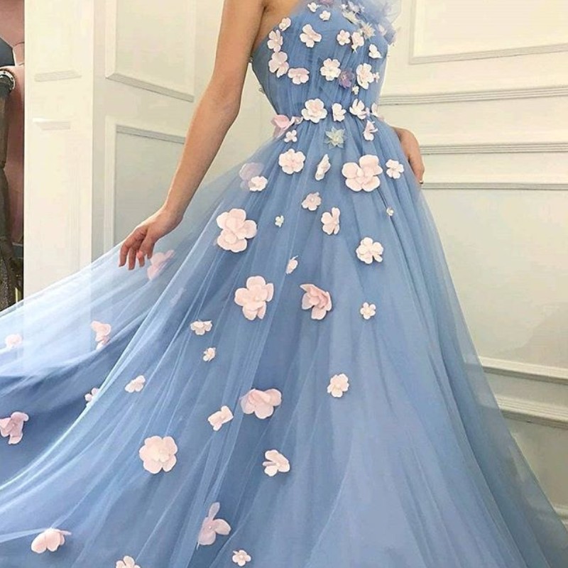 

Haute Fairy Tulle Prom Dresses Sexy One Shoulder 3D Petals Applique Formal Evening Gown Elegant Floor Length Celebrity Evening Gowns Cheap, Same as picture