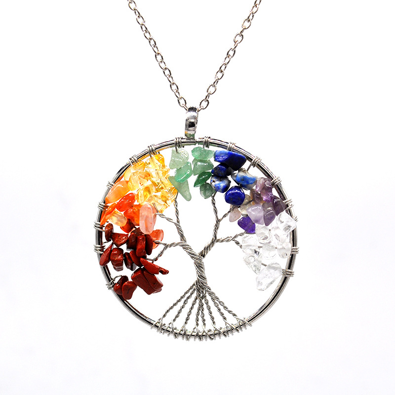 Rainbow 7 Chakra Tree Of Life Crystal Stone Pendant Necklace For Women Nartual Stone Quantz Beads Drop Fashion Jewelry Wholesale Necklace-image-418227778