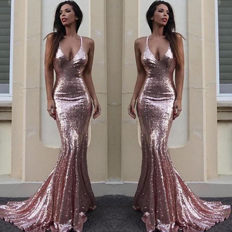 

Rose Gold Sequin Mermaid Prom Dresses Sparkle V Neck Spaghetti Straps Backless Evening Gowns Criss Cross Back Special Occasion Dresses, Silver