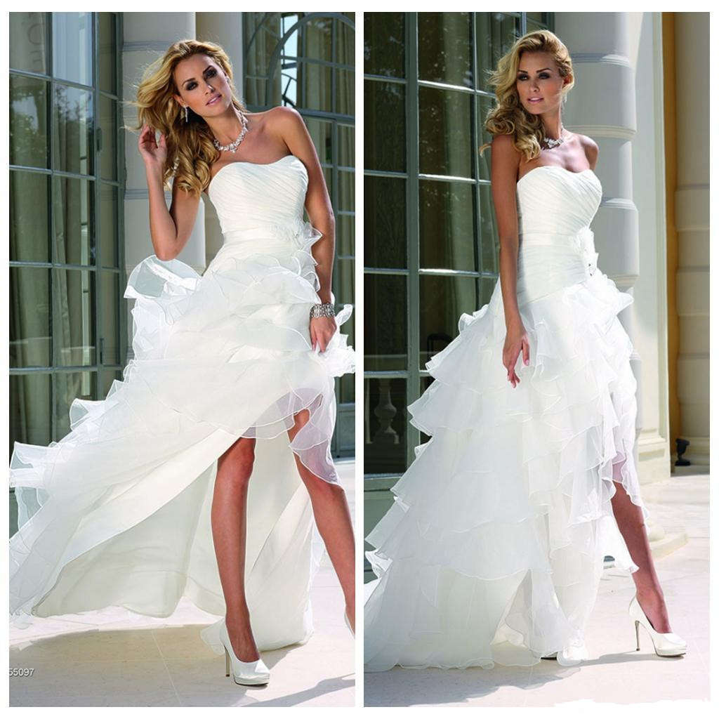 

Cascading Ruffles High Low Wedding Dress 2019 Summer Strapless Organza Short Front Long Back Bridal Gowns Custom Size, White